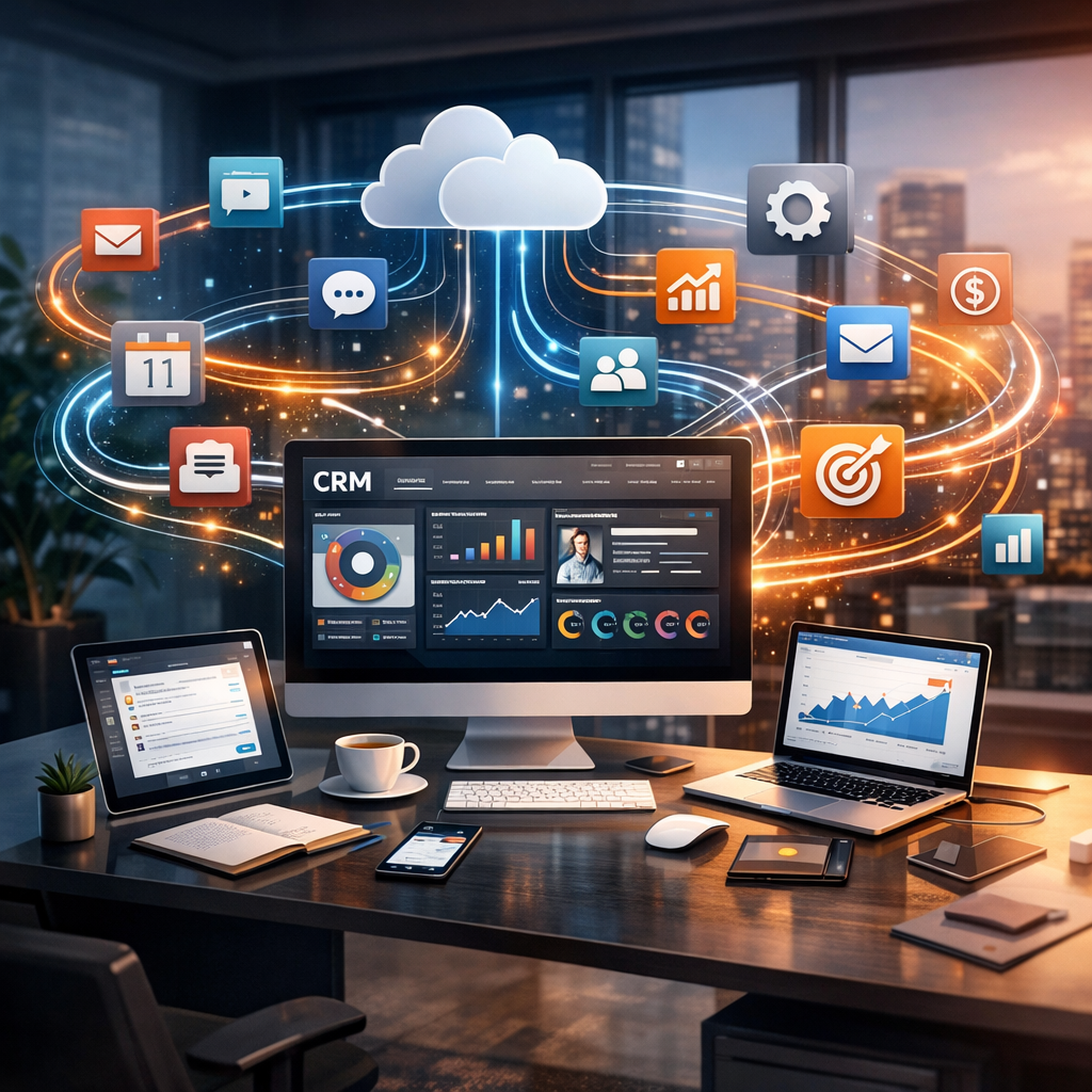 Integrated CRM Systems Flowing Together in Modern Workspace