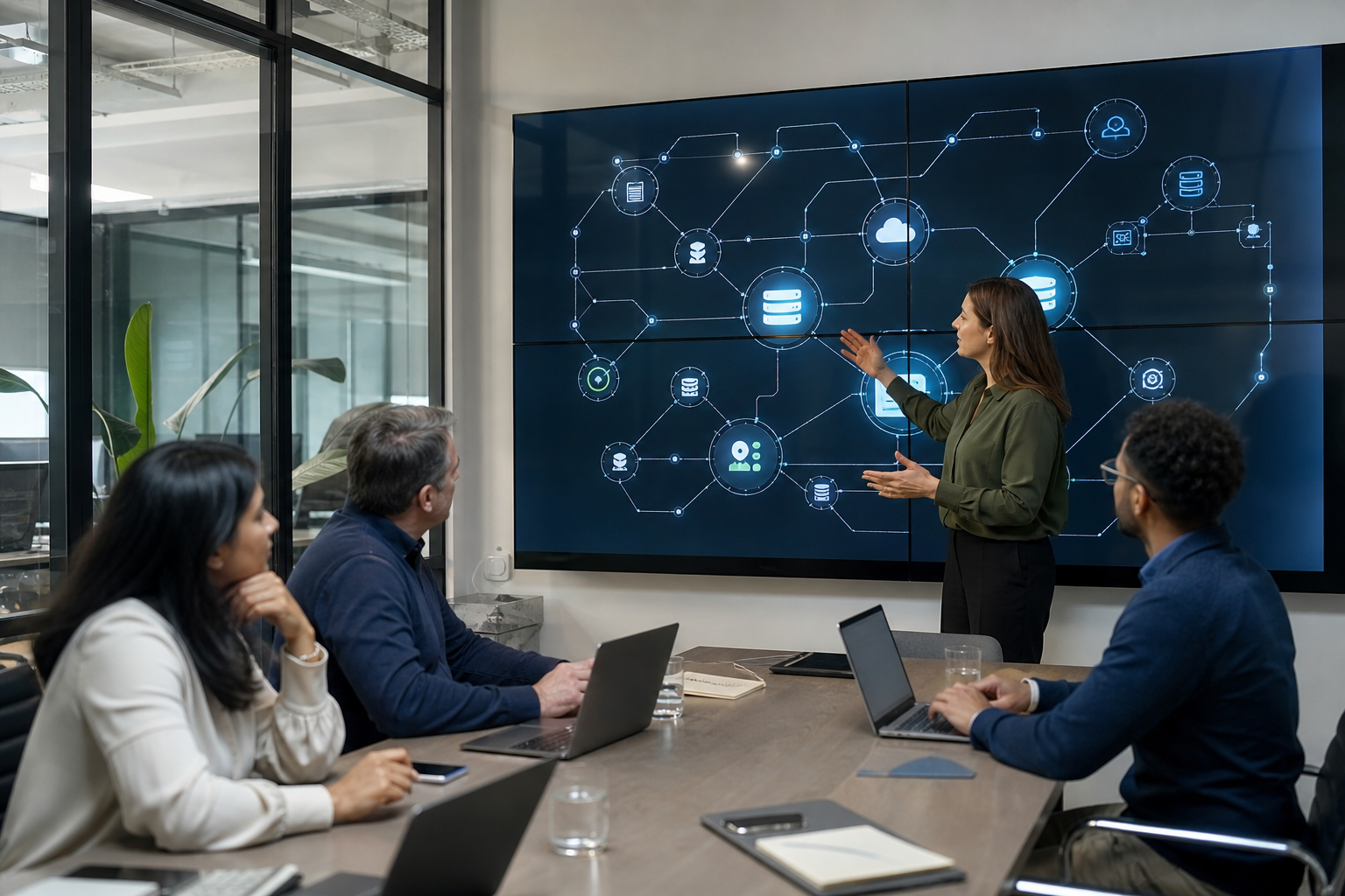 A UK consultancy team designing a CRM integration strategy with connected system diagrams linking CRM, ERP, ecommerce and reporting platforms.